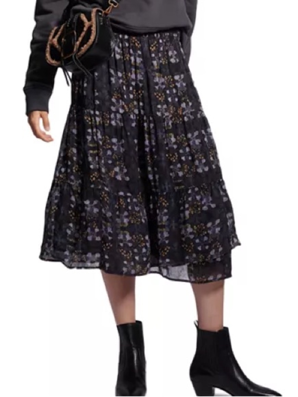 ba&sh| Whimsical Black Floral Tiered Full Midi Skirt w/Purple & Green Sz S